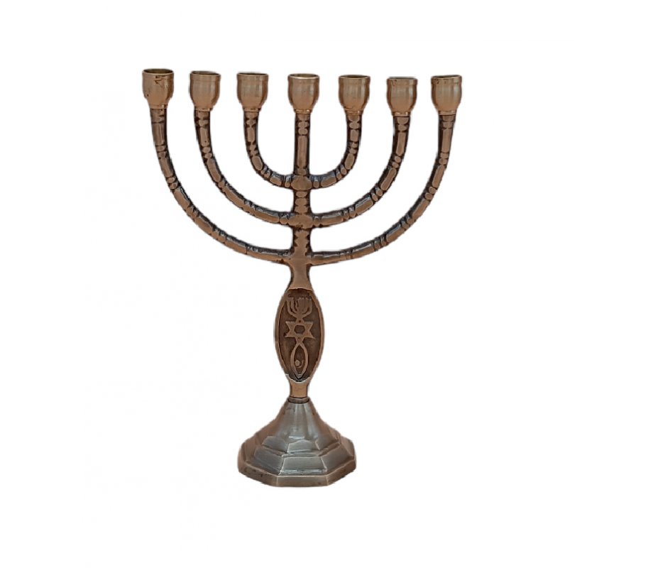 Small Brass Antique Finish Seven Branch Menorah with Fish Design - 8 Inches Height