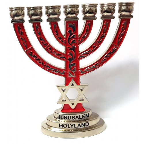 Small Decorative 7-Branch Menorah with Star of David, Silver and Red - 4 Inches High
