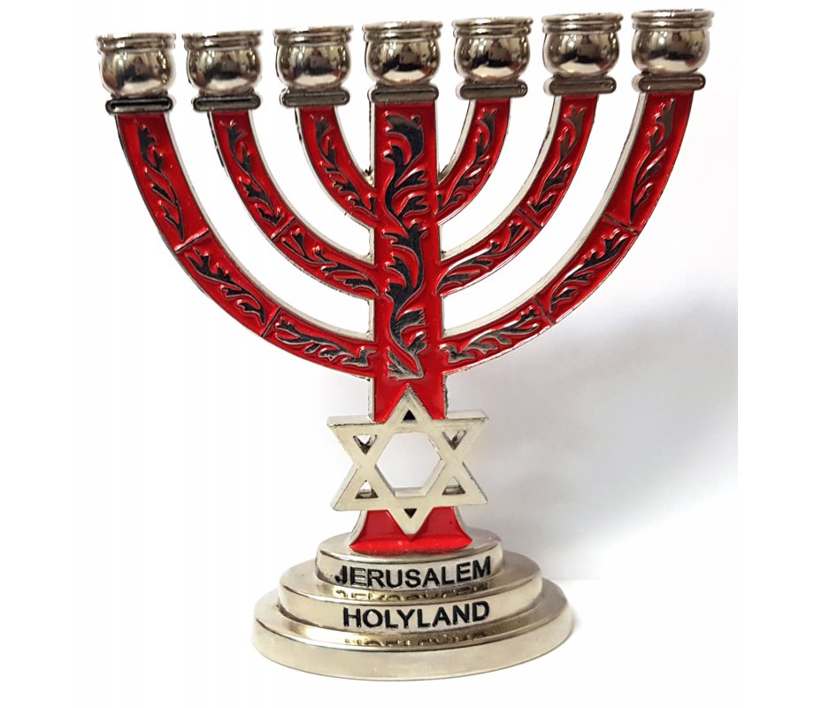 Small Decorative 7-Branch Menorah with Star of David, Silver and Red - 4 Inches High