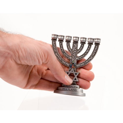 Small Pewter Seven Branch Menorah with Breastplate & Star of David - 4 Inches