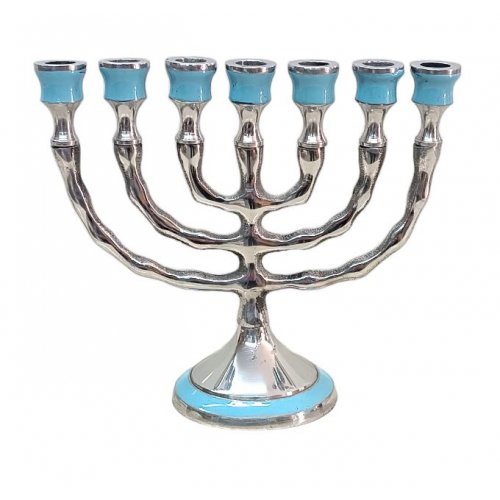 Small Seven Branch Aluminum Menorah Decorated on Top and Base with Turquoise Enamel