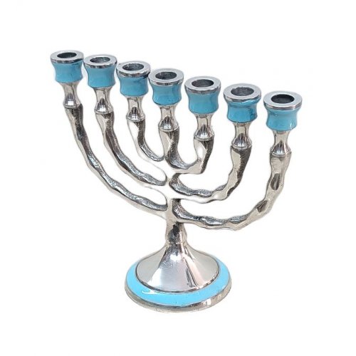 Small Seven Branch Aluminum Menorah Decorated on Top and Base with Turquoise Enamel