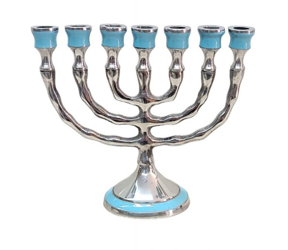 Small Seven Branch Aluminum Menorah Decorated on Top and Base with Turquoise Enamel