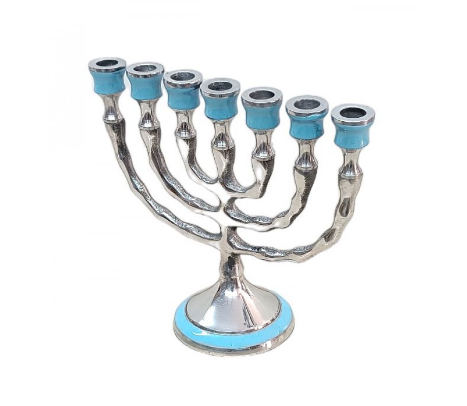 Small Seven Branch Aluminum Menorah Decorated on Top and Base with Turquoise Enamel