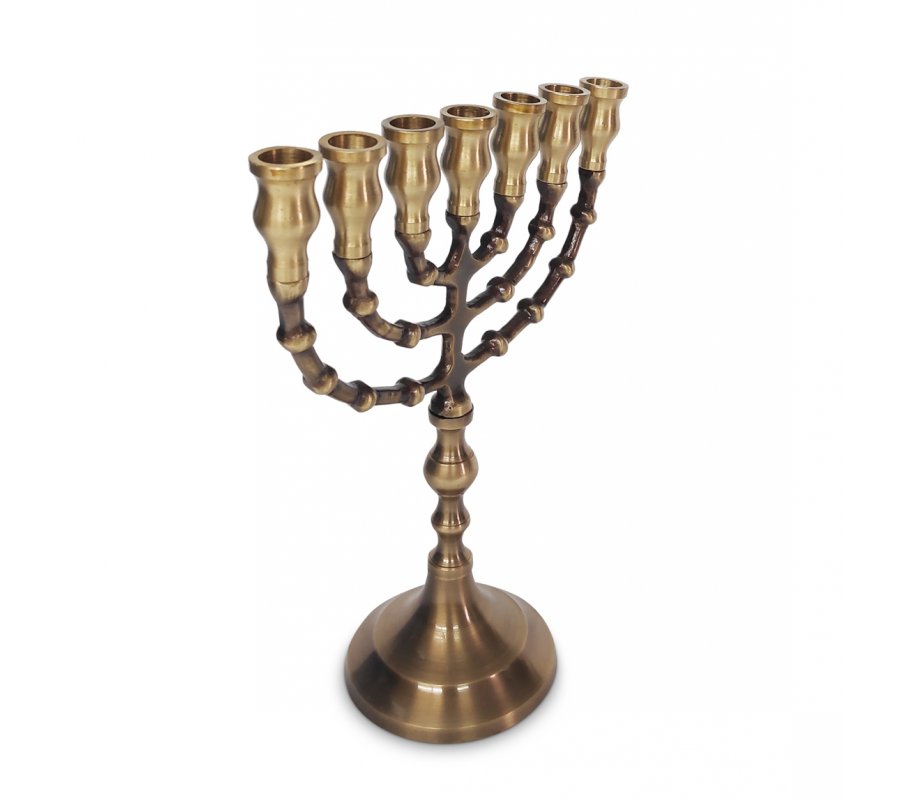 Small Seven Branch Menorah with Antique Look Finish, Dark Gold Brass - 8.5