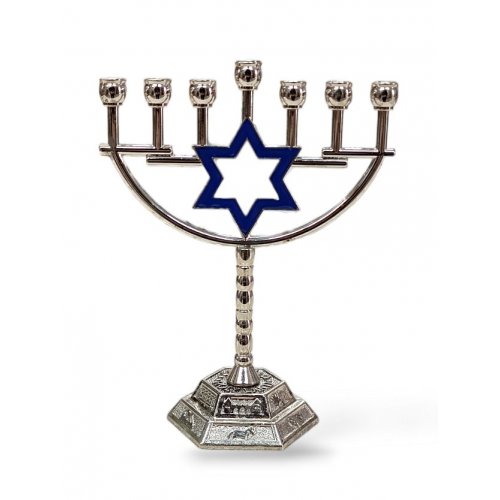 Small Silver Seven Branch Menorah with Blue Enamel Star of David, Stem