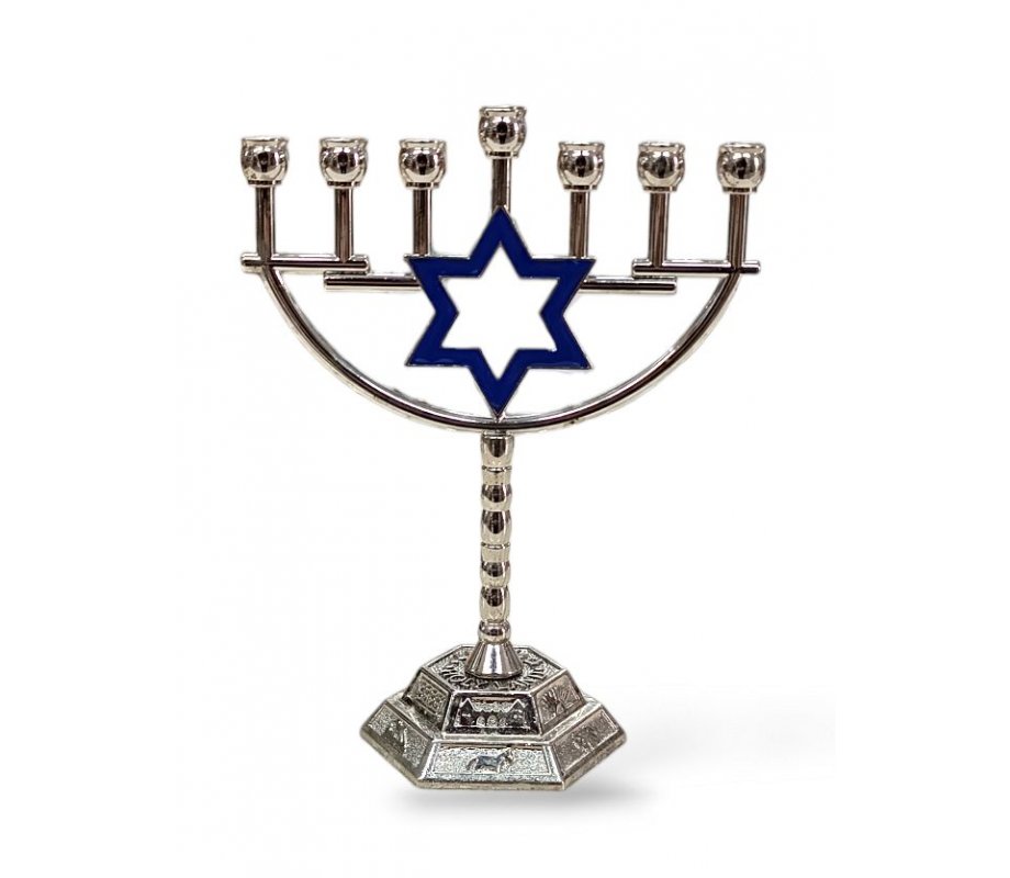 Small Silver Seven Branch Menorah with Blue Enamel Star of David, Stem