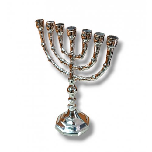 Small Small Nickel Seven Branch Menorah - 8 Inches Look Seven Branch Menorah, Dark Gold Brass