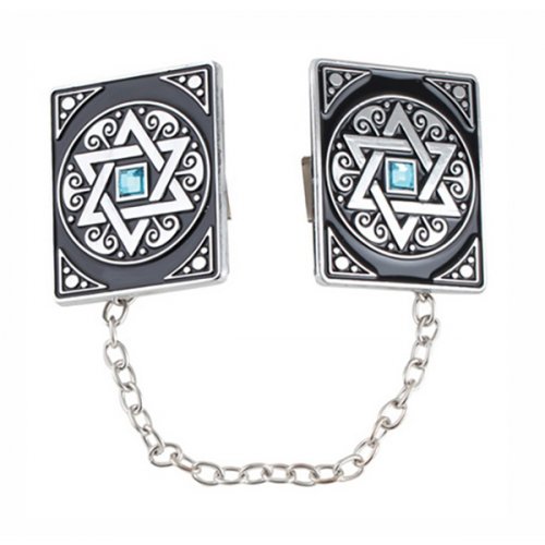 Square Prayer Shawl Clips with Chain - Decorative Blue Star of David