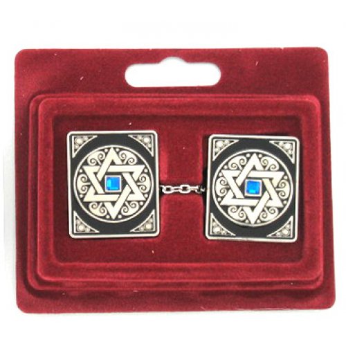 Square Prayer Shawl Clips with Chain - Decorative Blue Star of David