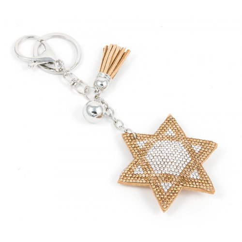 Star of David Key Chain, Padded Felt with Gold and Silver Glitter Stones and Tassel