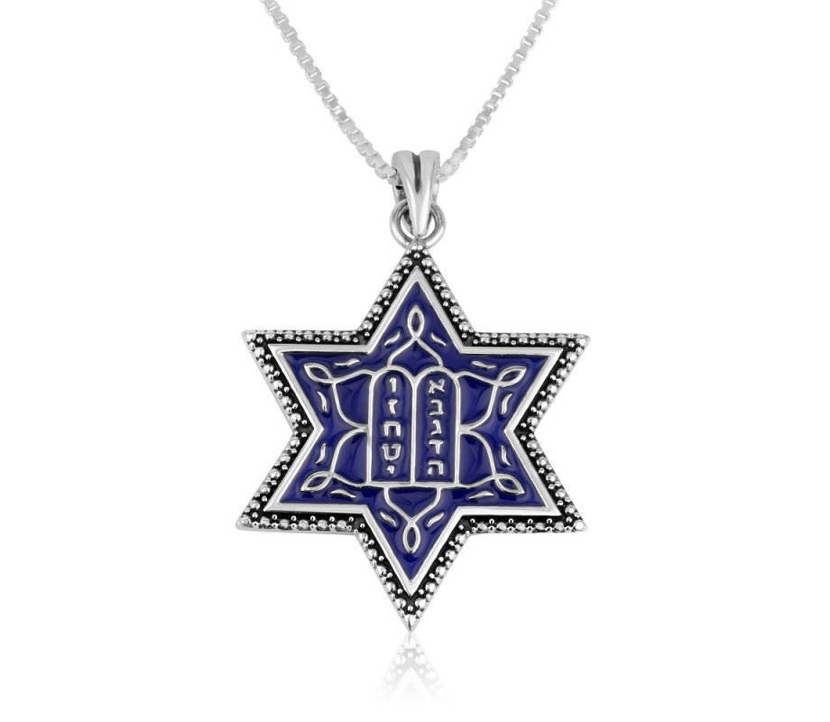 Star of David Pendant Necklace with Ten Commandments on Blue Enamel - Sterling Silver