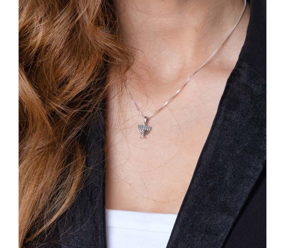 Sterling Silver Necklace, Decorative 7-branch Menorah Image as Pendant