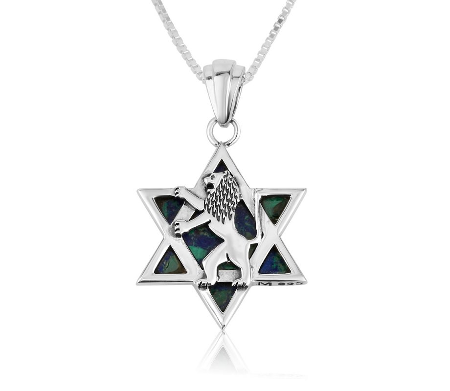 Sterling Silver Necklace and Pendant, Eilat Stone Star of David and Lion Of Judah