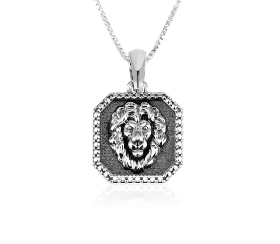 Sterling Silver Necklace with Pendant, Lion of Judah on Dark Silver Dotted Border