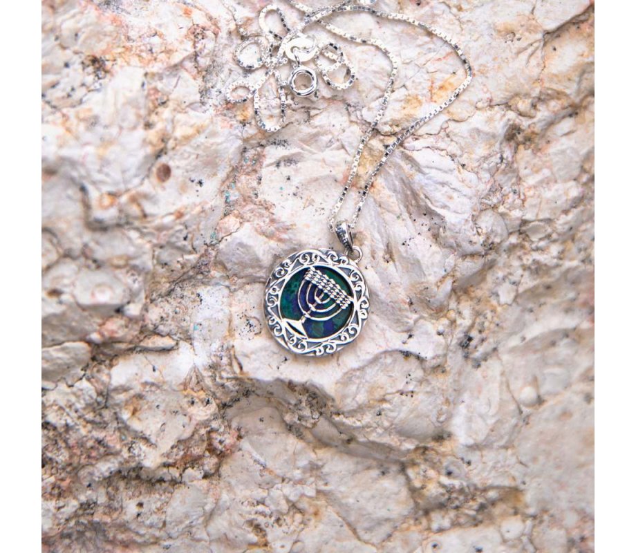 Sterling Silver Pendant Necklace - Framed 7-Branch Menorah on Eilat Stone