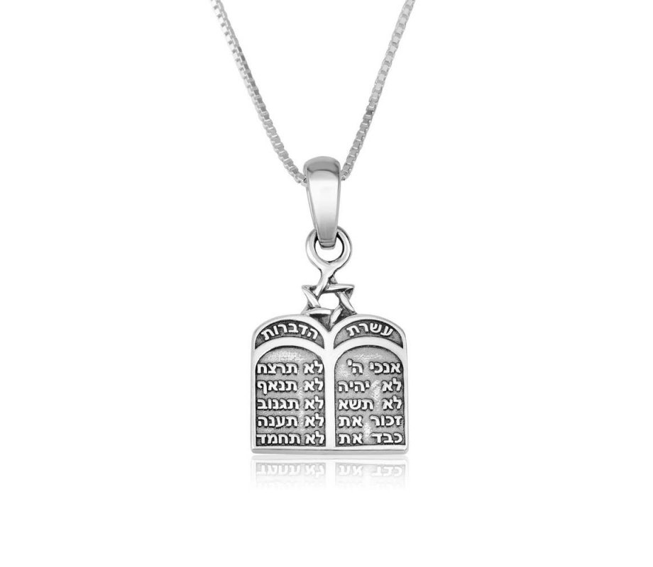 Sterling Silver Pendant Necklace - Image of Tablets with Ten Commandments