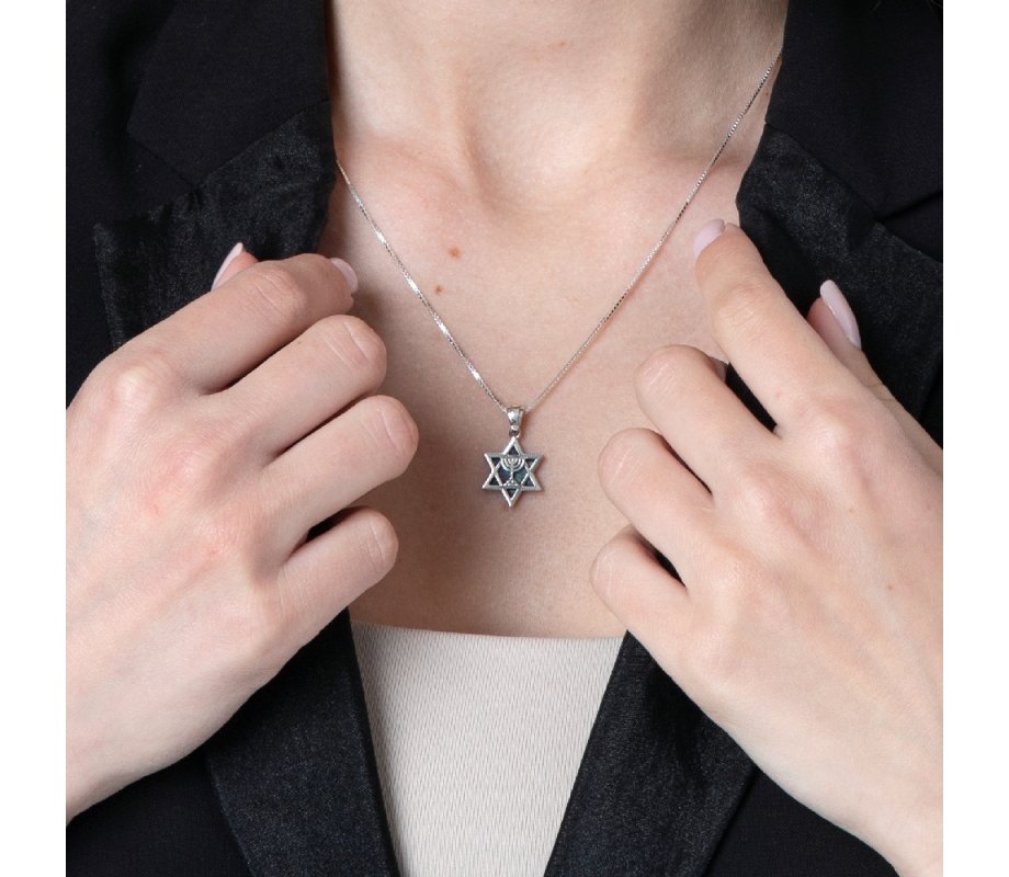 Sterling Silver Pendant Necklace with Temple Menorah and Eilat Stone on Star of David