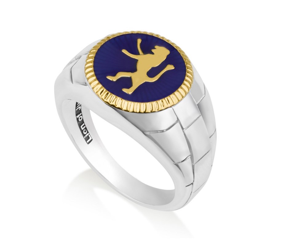 Sterling Silver and Gold Plated Man's Ring with Blue Enamel - Lion of Judah