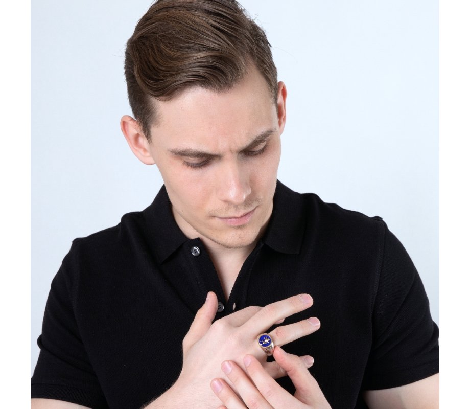 Sterling Silver and Gold Plated Man's Ring with Blue Enamel - Lion of Judah