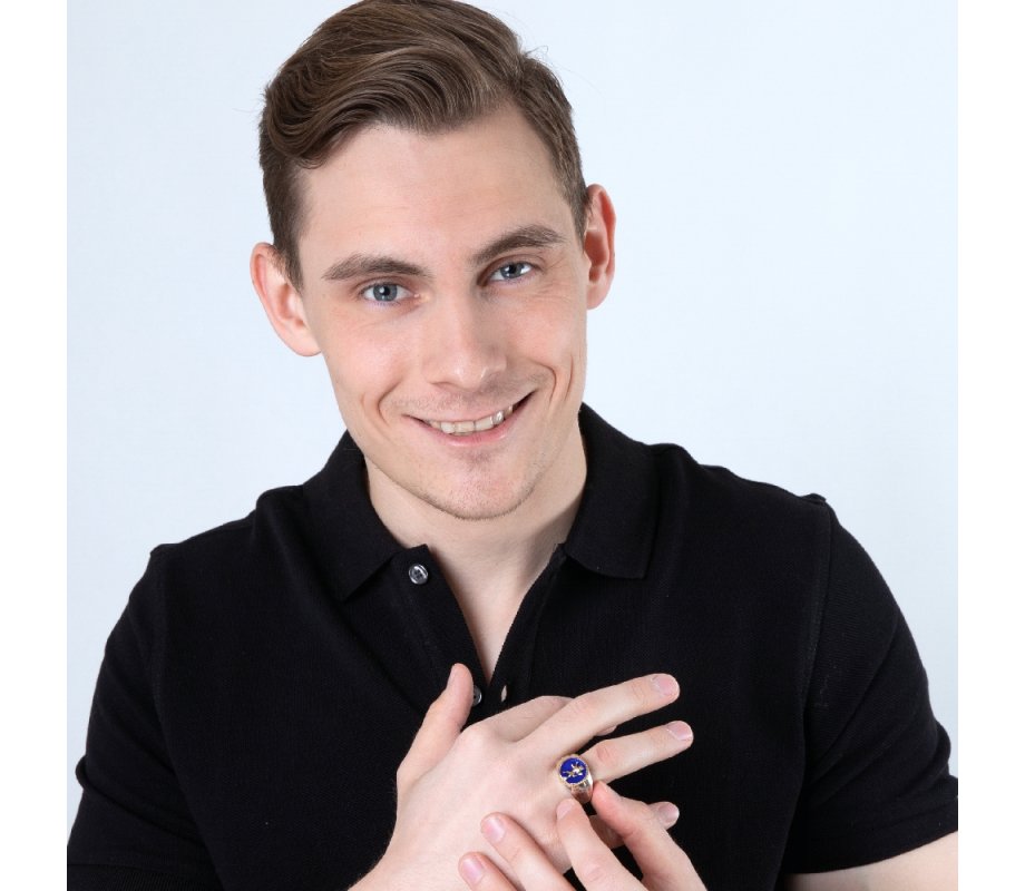 Sterling Silver and Gold Plated Man's Ring with Blue Enamel - Lion of Judah