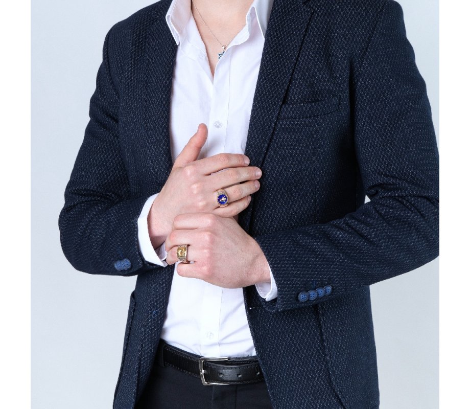 Sterling Silver and Gold Plated Man's Ring with Blue Enamel - Lion of Judah