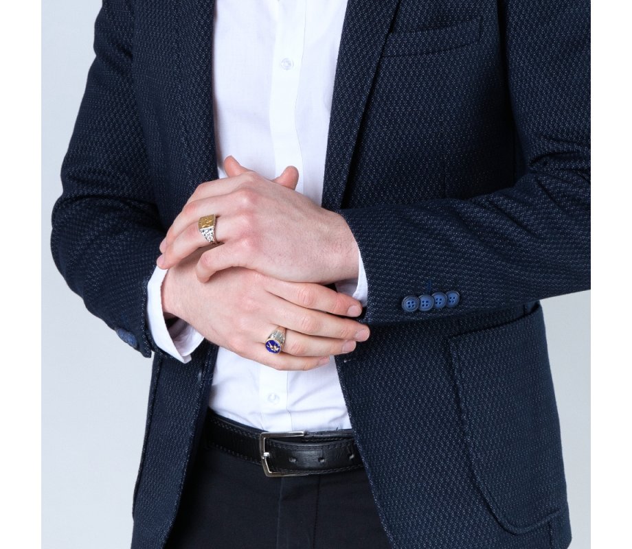 Sterling Silver and Gold Plated Man's Ring with Blue Enamel - Lion of Judah