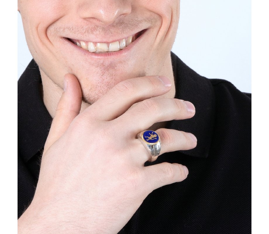Sterling Silver and Gold Plated Man's Ring with Blue Enamel - Lion of Judah