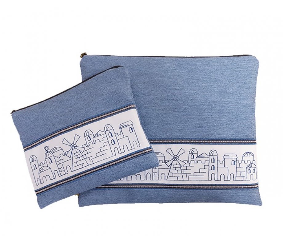 Tallit and Tefillin Bag Set, Embroidered Jerusalem Design Blue - Ronit Gur