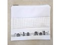 Tallit and Tefillin Bag of White Faux Leather with Gray and Silver Jerusalem Images