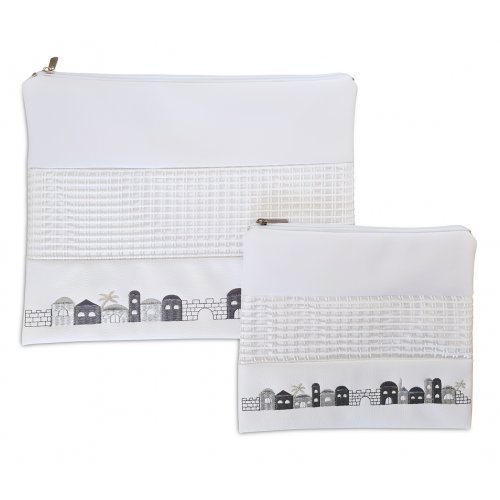 Tallit and Tefillin Bag of White Faux Leather with Gray and Silver Jerusalem Images