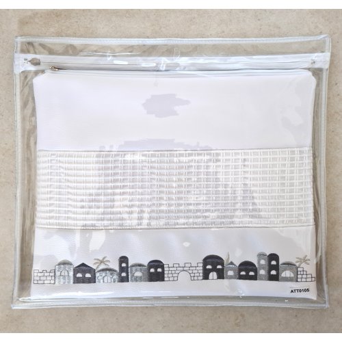 Tallit and Tefillin Bag of White Faux Leather with Gray and Silver Jerusalem Images