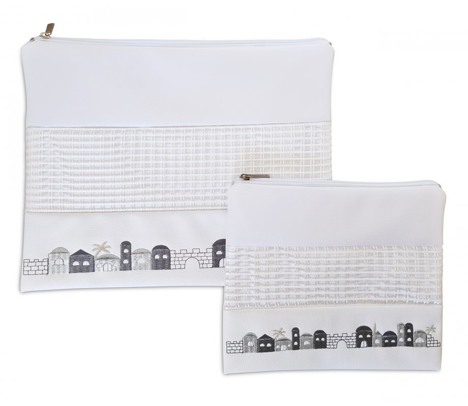 Tallit and Tefillin Bag of White Faux Leather with Gray and Silver Jerusalem Images