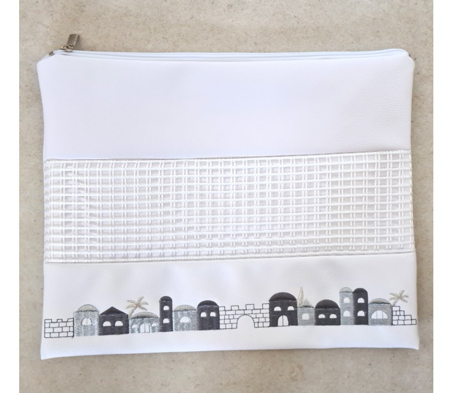 Tallit and Tefillin Bag of White Faux Leather with Gray and Silver Jerusalem Images