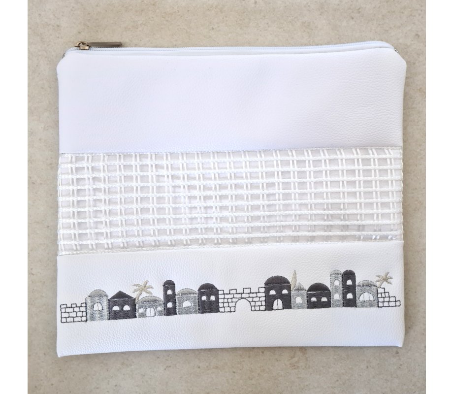 Tallit and Tefillin Bag of White Faux Leather with Gray and Silver Jerusalem Images