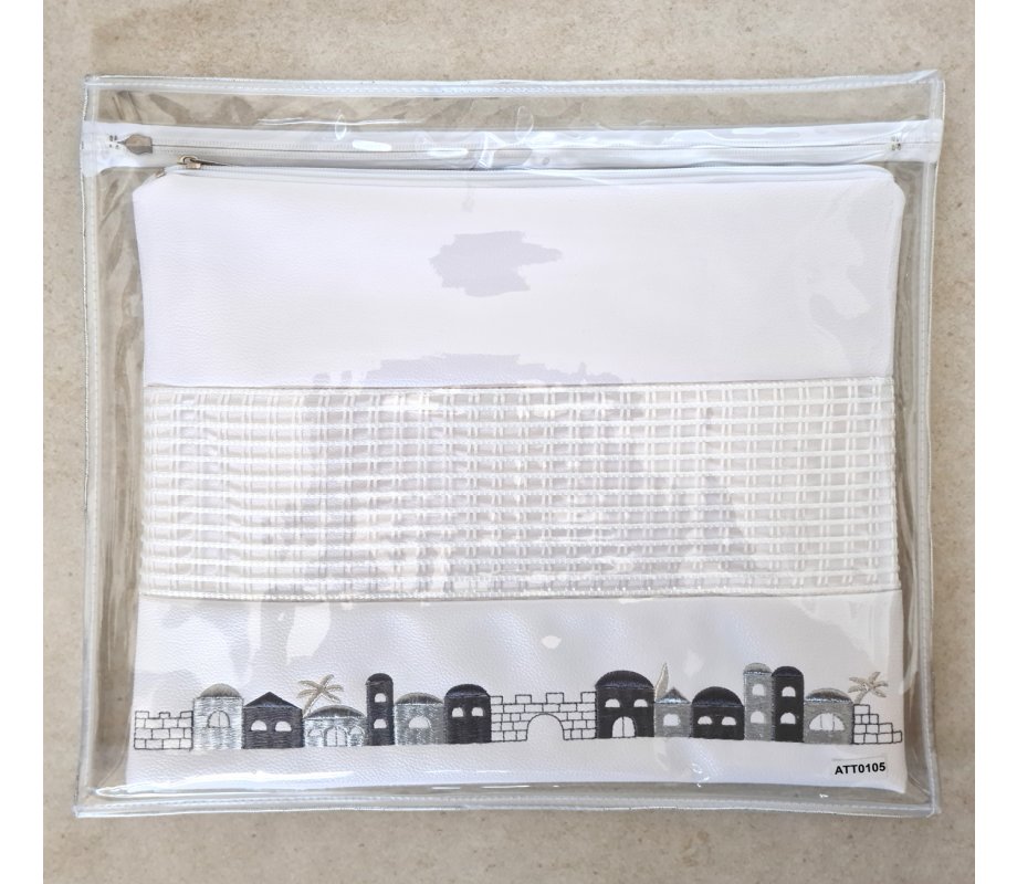 Tallit and Tefillin Bag of White Faux Leather with Gray and Silver Jerusalem Images
