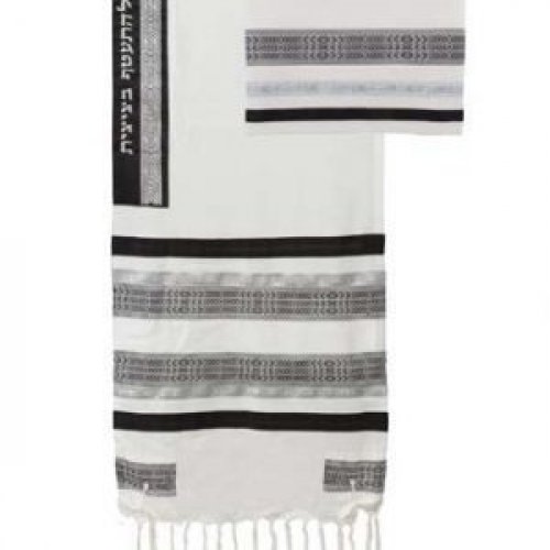Three Piece Cotton Appliques Prayer Shawl Set, White and Black Stripes - Yair Emanuel