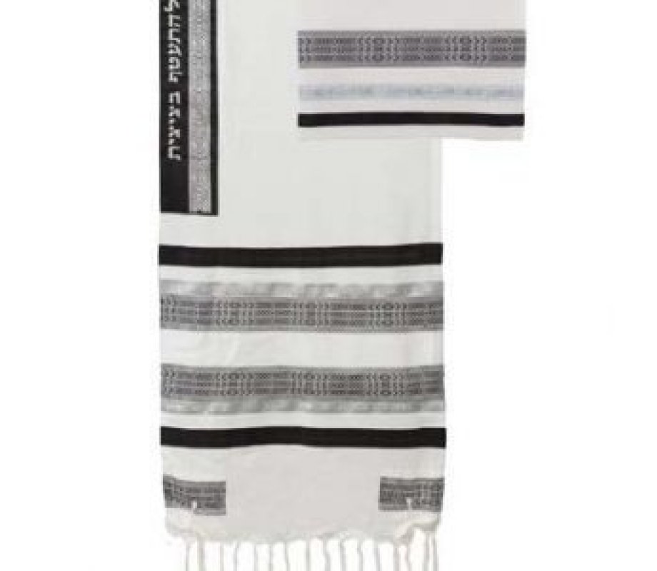 Three Piece Cotton Appliques Prayer Shawl Set, White and Black Stripes - Yair Emanuel