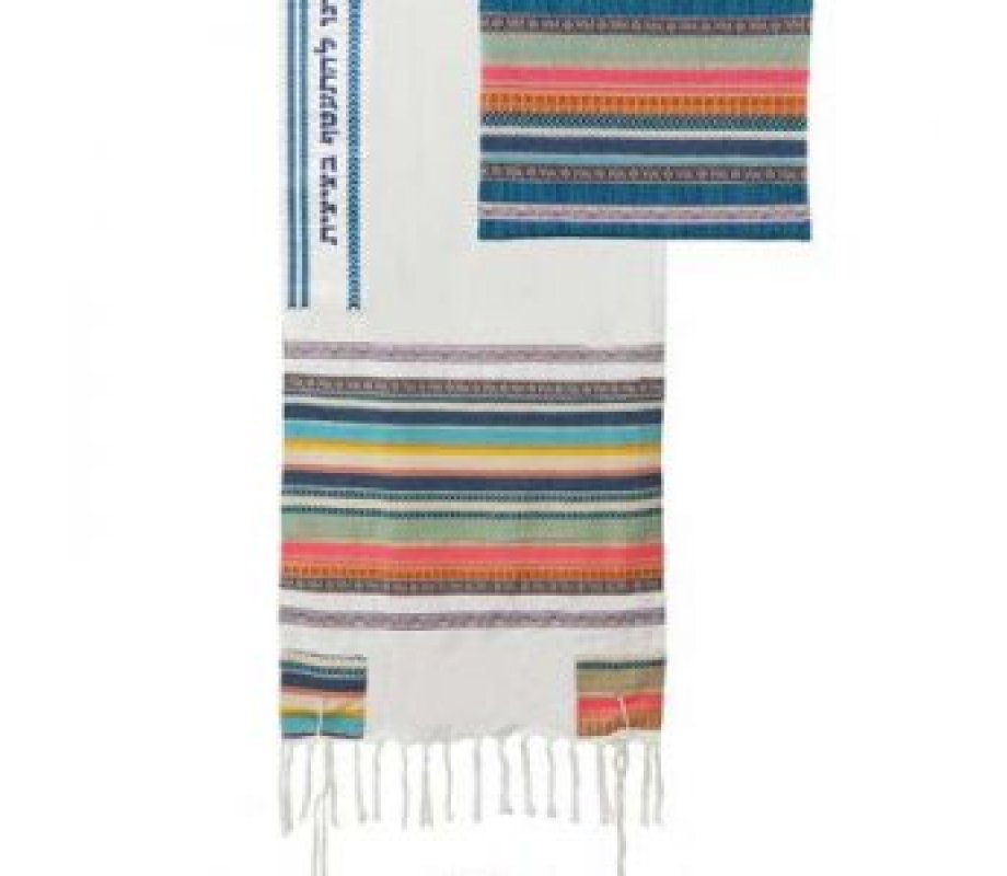Three Piece Cotton Prayer Shawl Set, Multicolor Stripes - Yair Emanuel