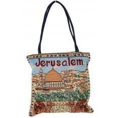 Tote Bag with Colorfully Embroidered Jerusalem Design - Zippered Fabric