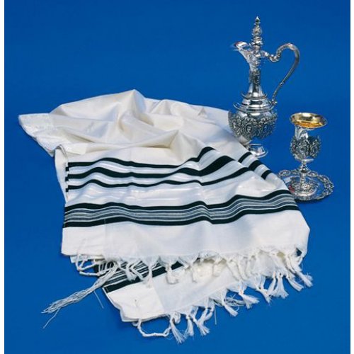 Traditional Wool Prayer Shawl with Black and Silver Stripes - Talitania