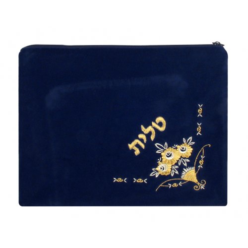 Velvet Prayer Shawl and Tefillin Bag Set with Gold Silver Bouquet Design - Navy Blue