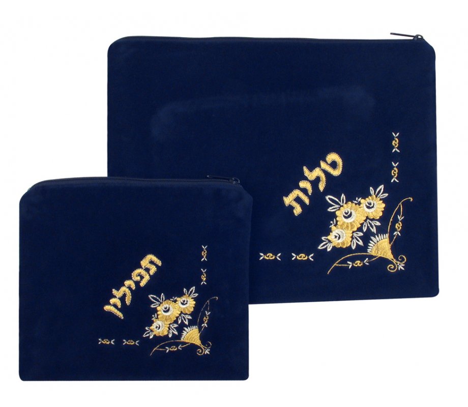 Velvet Prayer Shawl and Tefillin Bag Set with Gold Silver Bouquet Design - Navy Blue
