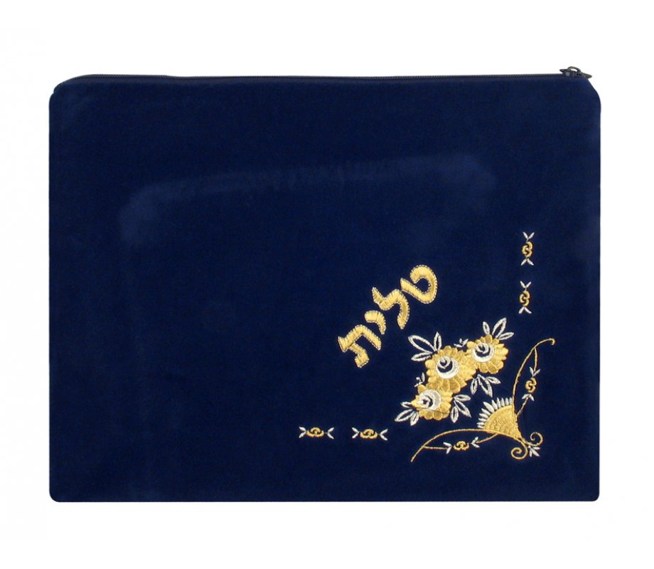 Velvet Prayer Shawl and Tefillin Bag Set with Gold Silver Bouquet Design - Navy Blue