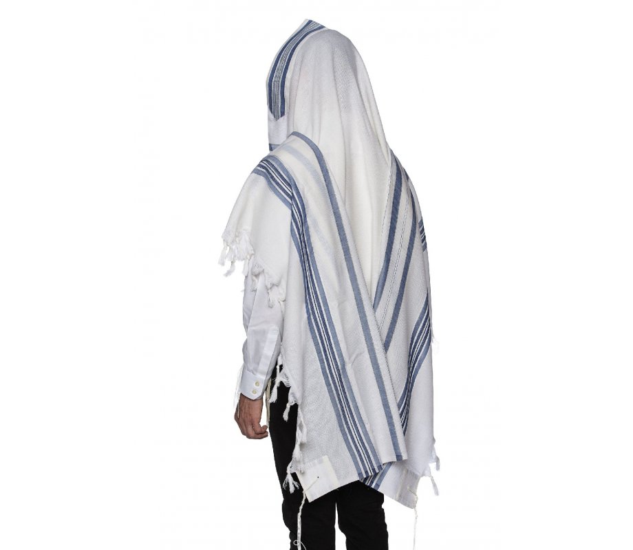 Victory LaMenatzeach Wool Tallit Non Slip Prayer Shawl - Denim Blue and Silver Stripes