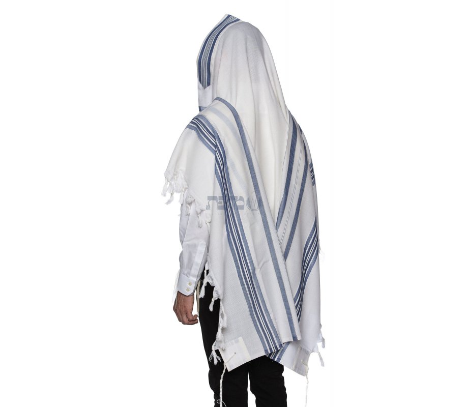Victory LaMenatzeach Wool Tallit Non Slip Prayer Shawl - Denim Blue and Silver Stripes