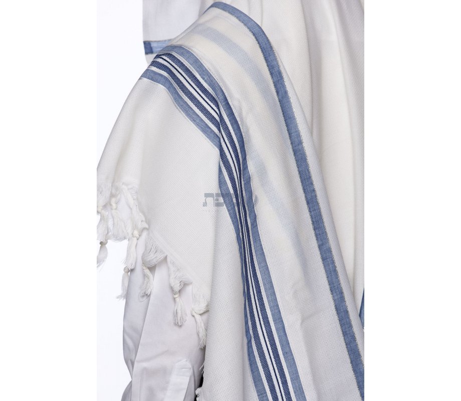 Victory LaMenatzeach Wool Tallit Non Slip Prayer Shawl - Denim Blue and Silver Stripes