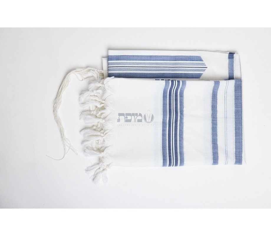 Victory LaMenatzeach Wool Tallit Non Slip Prayer Shawl - Denim Blue and Silver Stripes
