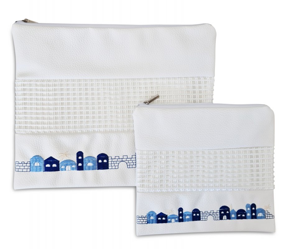 White Faux Leather Tallit and Tefillin Bag Set Embroidered – Priestly Blessing