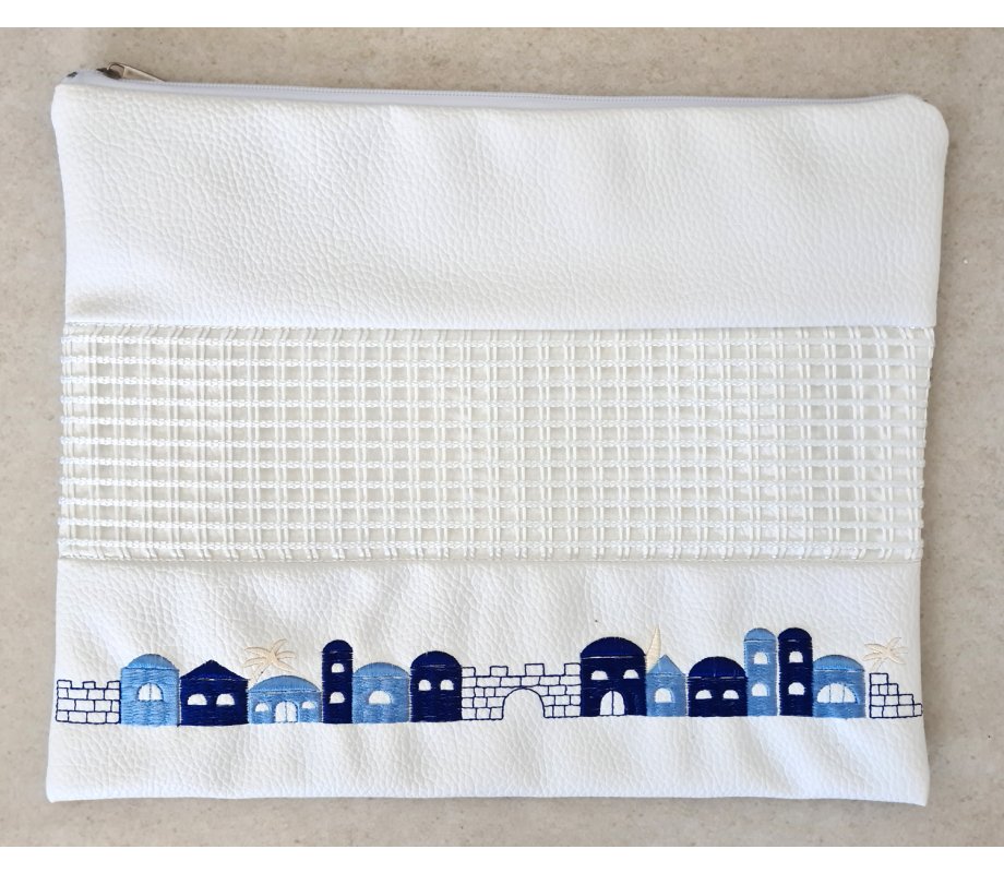 White Faux Leather Tallit and Tefillin Bag Set Embroidered – Priestly Blessing